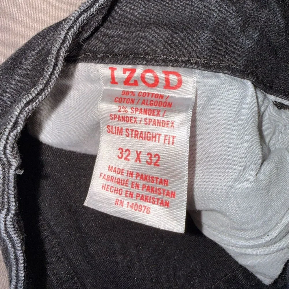 IZOD Men’s Slim Straight Fit Black Dark Wash Stretch Denim Jeans Mid Rise 32x32